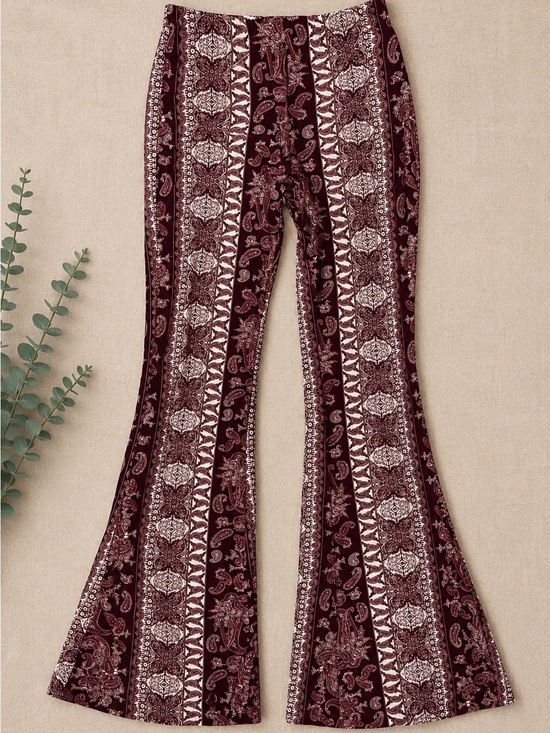 Vibe Sportswear Pants - Vibe Sportswear Burgundy Paisley Print Flare Pants Women’s Small Boho Stretch
